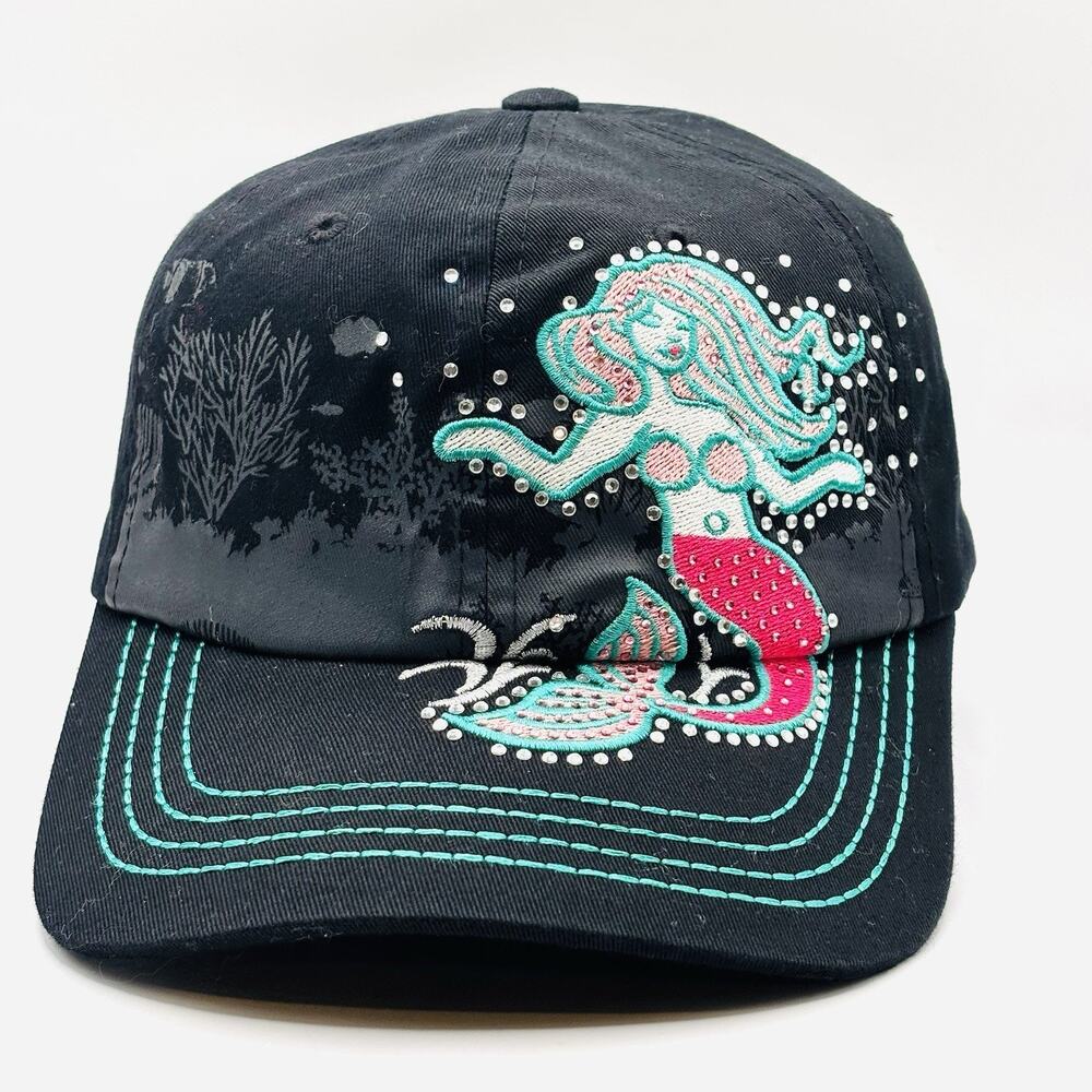 Womens Black Mermaid Cap Embroidered With Adjustable Strap Back